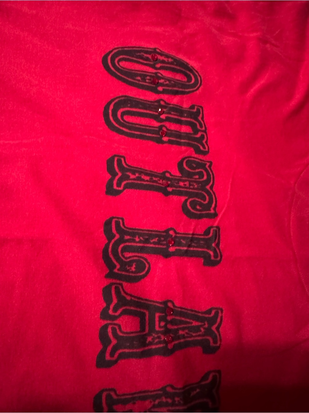 Red Short Sleeve Graphic Tee with Rhinestones and Black Lettering